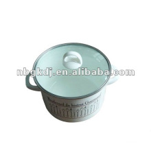 enamelware with bakelite knob and glass lid and steel handle